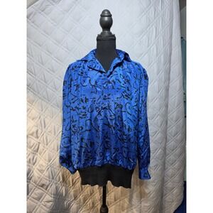 Vintage All Hours Women Blue Black Abstract Print Satin Blouson Blouse Small USA